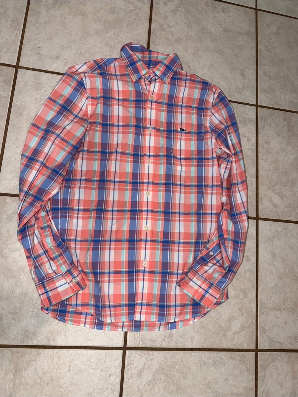 VINEYARD VINES Coral and Blue Plaid Button-Down On The Go Performance Size XS